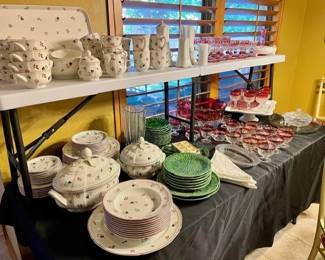 Villeroy & Boch Petite Fluer china and Kings Crown Thumbprint Ruby Red glasses and punch bowl set