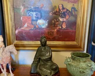 Chinese bronze Guanyin sculpture with stand, Chinese 3 sheep Vase reminiscent of Zhou Dynasty bronze ware, "Gateway to the Orient" 20x24 oil painting by award winning artist James Bruce