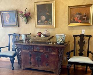 Antique Chinese alter cabinet, Oil paintings by award winning artist James Bruce:  "The Geisha and the Rose" 16x20, "Waiting on the Master" 24x20, "The Persian Pot" 