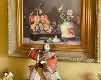 Antique Japanese warrior doll.  "The Kabuki Dancer II" oil painting by James Bruce prestigious Oklahoma Governor's Arts award winner, signature member and board member of Oil Painters of America, as well as Salmagundi  Club of New York non- resident artist and signature member of the OK Society of Impressionists.