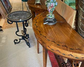 Marble and Iron Side Tables and Wood Demilunes