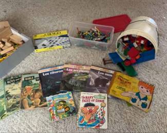 Wooden Blocks, Legos, Magnetic Toy Box, Bingo Cards, Books