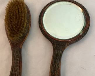 Vintage Faux Bone Hand Held Mirror Brush