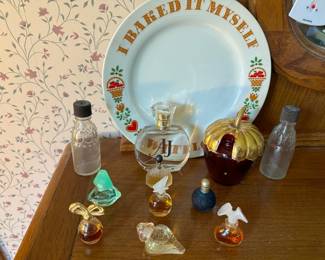 Miniature Perfume Bottles, Avon Baked with Love Plate, Strawberry Container, Two Bottles, and Cologne