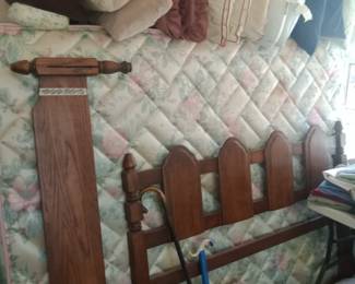 Queen bed headboard, footboard, slats and rails. Mattress and box spring 