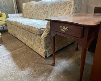 Print 3 cushion sofa and pair of very nice oak end tables
