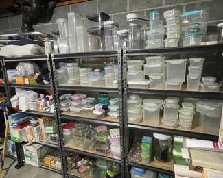 Huge selection of plastic storage containers.  Some are Tupperware.  All shelving is available for sale and can be picked up during the week after sale