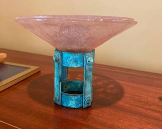 Vintage 1990s Post Modern Verdigris Metal and Pearl Glass Candle Holder 