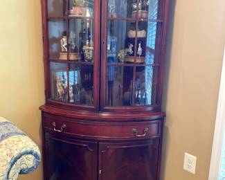1940s Curved Glass Demilune Mahogany Corner China Cabinet 