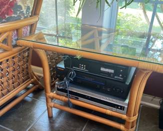 Bamboo Wicker Glass Side Table 