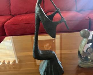 Young Woman Playing the vertical Flute Statue Pure Bronze Figurine Art Abstract 