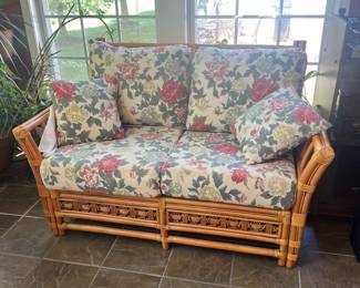 vintage rattan wicker upholstered loveseat