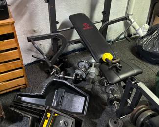 Weight bench, weights, chainsaw 