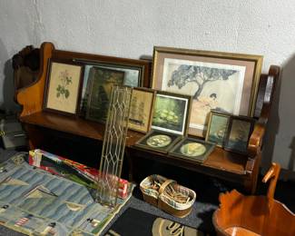 Church pew, vintage framed art and photos 