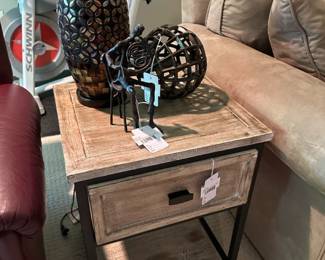 Brutalist Metal French Hornist, Single Drawer Accent Table, Metal Decorative Sphere