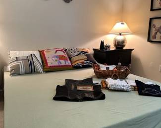 Queen bed, Water Lilly Wall Art, Sarreid Ltd. Brass Sphere Table Lamp, J.H. Furniture Nightstand