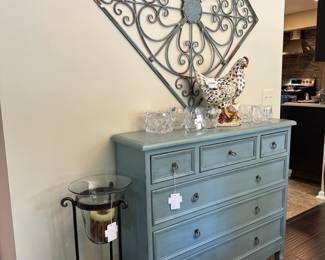 Vase with Wrought Iron Stand, Kirkland Blue Distressed Chest, Waterford Lismore Old Fashioned Glass Set, Crackle Glazed Ceramic Hen, Metal Wall Decor
