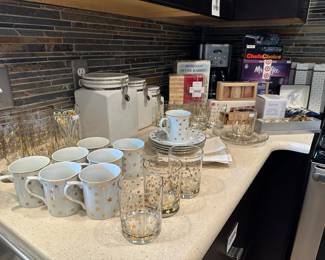 Mugs, glasses, Two's Company Stumbling Blocks, Wedgewood Peter Rabbit Mug and Oatmeal Bowl, Atmosfera Bormioli Rocco Liquor Tasting Set, Salt shot glasses. Ceramic butter warmer, Mary Judge Olive Oil Dipping Dish