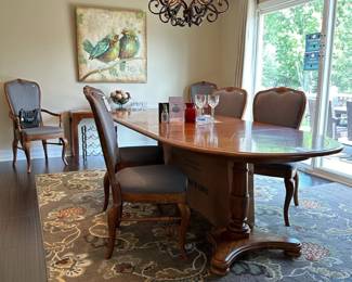 Heritage Wooden Dining Table,  Drexel Heritage Dining Chair Set, Calypso Area Rug
