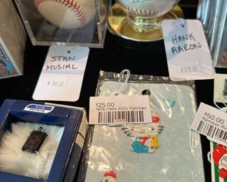Stan Musial signed baseball, Hank Aaron signed baseball, 1976 Hello Kitty Patches