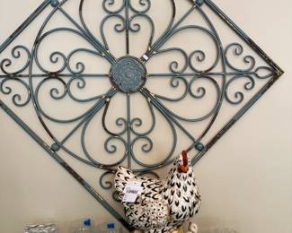 Waterford Lismore Old Fashioned Glass Set, Crackle Glazed Ceramic Hen, Metal Wall Decor