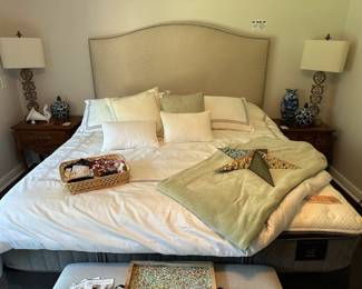 Stearns & Foster Estate Collection King Mattress,  King Nailhead Headboard and Frame, Metal Star, Hudson Grace Ceramic Speaker, Ethan Allen Chateau Normandy Nightstand, Kirkland's Kerala Lamp, Ceramic Urn, Hickory Manufacturing Nightstand, Kirkland's Kerala Lamp, Oriental Style Vase