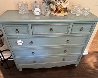 Kirkland Blue Distressed Chest, Waterford Lismore Old Fashioned Glass Set, Crackle Glazed Ceramic Hen