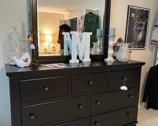 J.H. Furniture Black Dresser with Mirror, Bird Cage Decor, Ceramic Bird, Initial