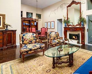 Pair of French Bergere chairs in flower pattern, Bau Design Statement Mirror , Vintage Italian coffee table  