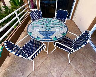 Vintage Brown Jordan 5 piece set in white aluminum and navy blue straps 