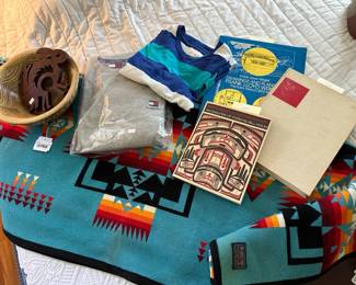 Beaver State Pendleton Blanket, Handmade Wood Turned Bowl, Coffee Table Art Books