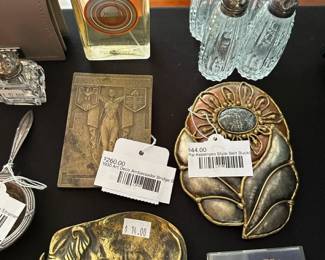 Pal Kepenyes Style Belt Buckle, 1930 Art Deco Ambassador Bridge Bronze Paperweight, Sterling and Crystal Salt Shakers