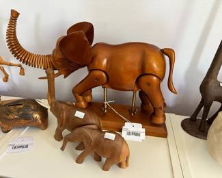 Vintage Articulated Wood Elephant, Hand Carved Wood and Stone Animals