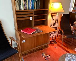 Vintage Danish Teak Bookshelf with Desk, Robert Sonneman deco revival floor lamp