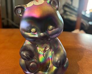 Vtg 80s Fenton Art Glass Bear Figurine Amethyst Carnival Glass Hand Painted by Jo Reynolds