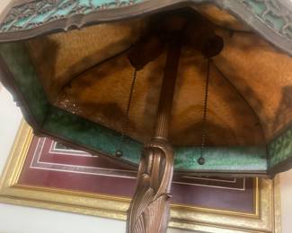 Beautiful Antique Green & Tan  Slag glass Lamp