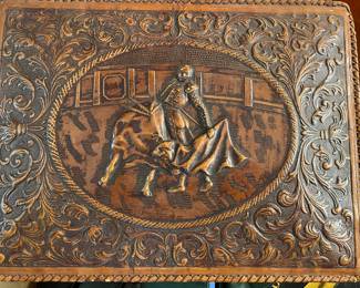 Vintage hand-tooled leather cigar box -Spain