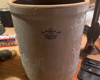 Antique 5 Gallon Blue Crown Stoneware Crock