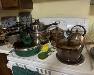 Collection of Smokey Pyrex Pots & Pans