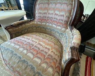 Louis XVI style bergere upholstered in fabulous flamestitch style fabric. 