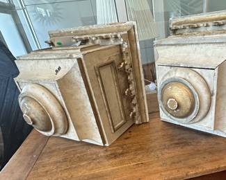 English Gothic Revival brackets. Capital form with shaped gothic tracery border, ivory with gilt highlights. 19th century.