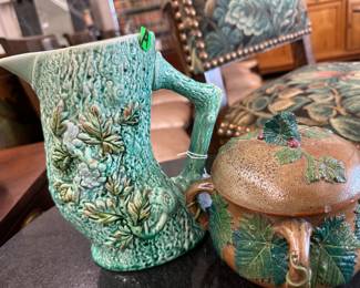 Majolica rare Victorian bent tree trunk pitcher.