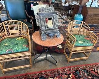 Fabulous pair of wicker chairs, marble table and beautiful table-top frame