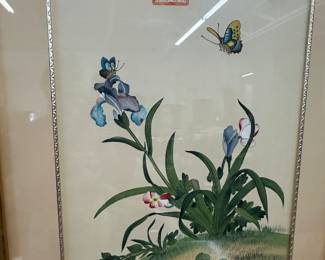 Pair of hand painted on silk botanical paintings