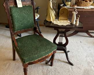 Victorian parlor chair $35 antique lyre table $25