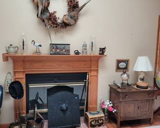 cast iron fireplace screen, pheasant wreath, etc...