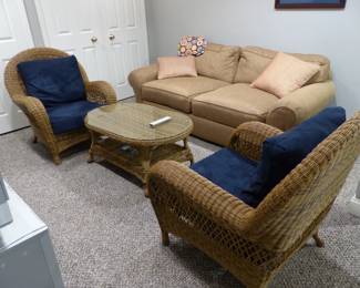 Sofa, all weather wicker pair of chairs & coffee table