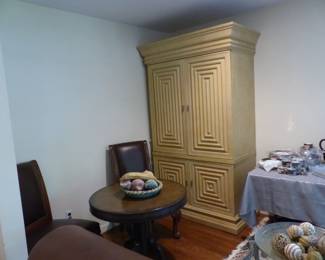 Round table with pair of chairs, chic armoire