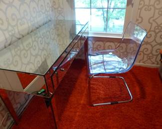 Mirrored desk, acrylic chair