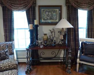 Console table, bric-a-brac, custom window treatments